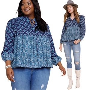 Francesca’s Leah Paisley blue boho long sleeve colorblock cottagecore blouse 2X